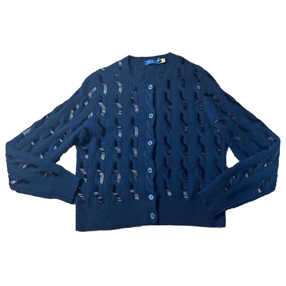 Polo Ralph Lauren Bead-Embellished Cable-Knit Wool Blend Cardigan Size XXL Black